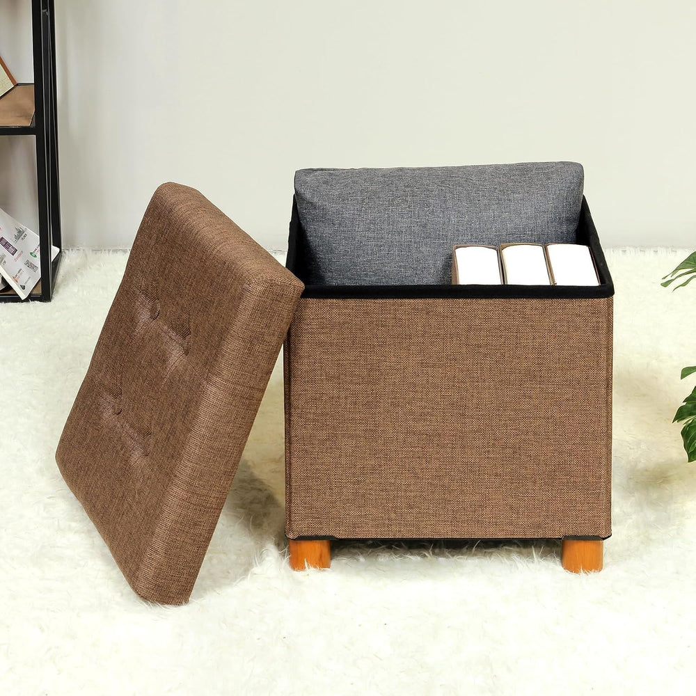 B FSOBEIIALEO 15" Square Storage Ottoman with Tray, Wood Legs, Linen Brown