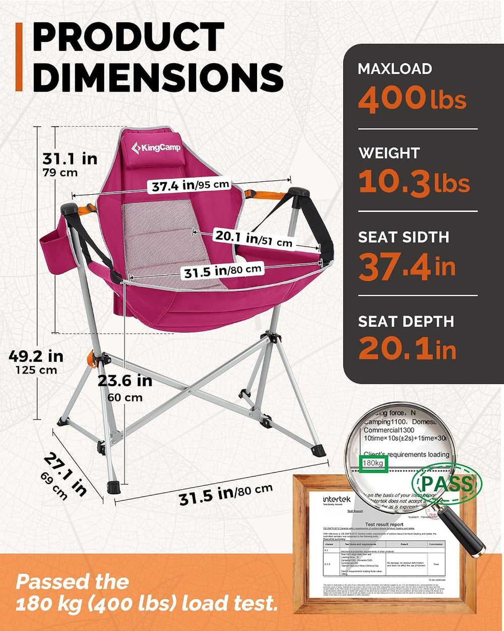 KingCamp Hammock Camping Chair, 10.3lbs Aluminum Lightweight Swing Chairs