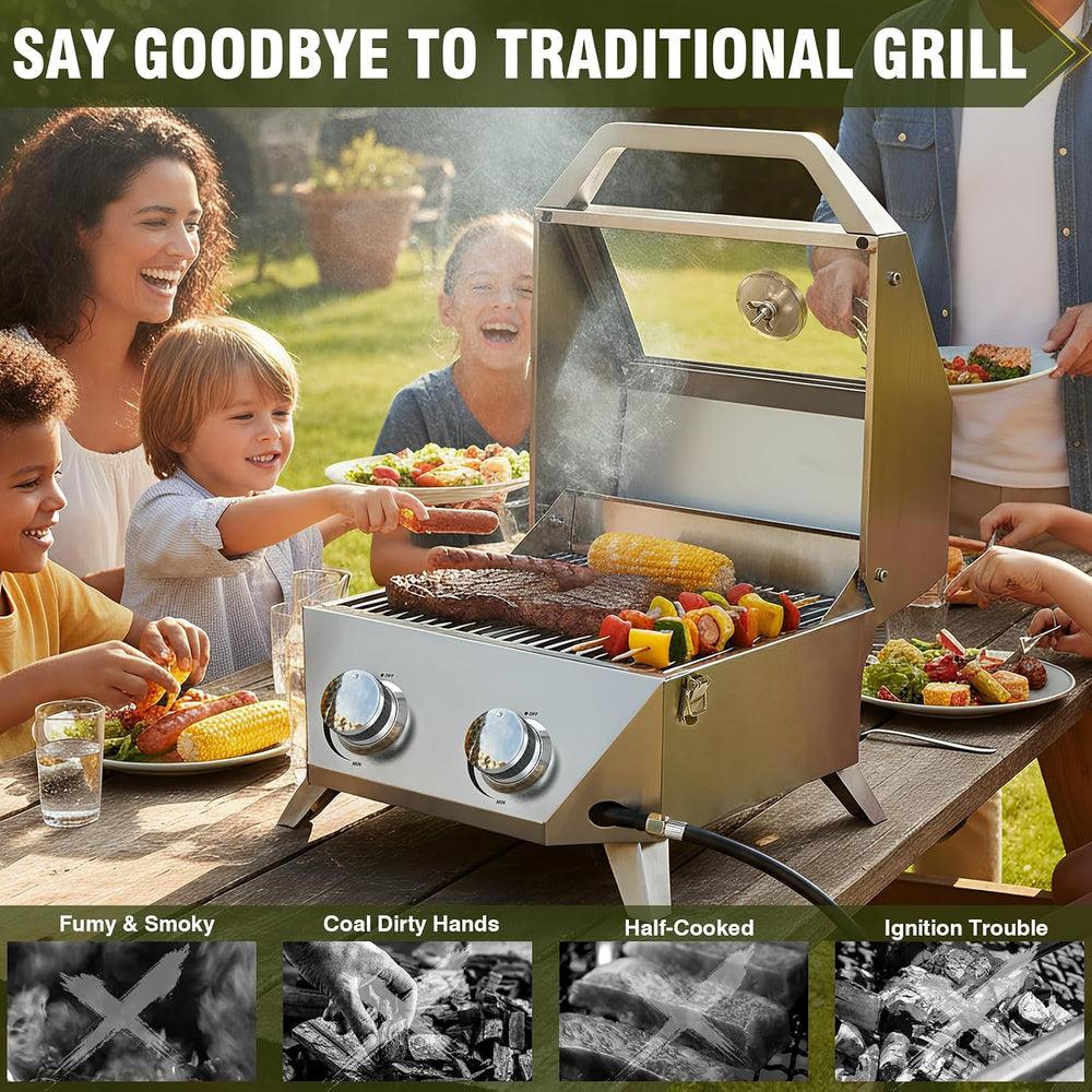 BESTFIRE Tabletop Gas Grill with 2 Burners & Viewing Glass Lid, 20,000 BT...