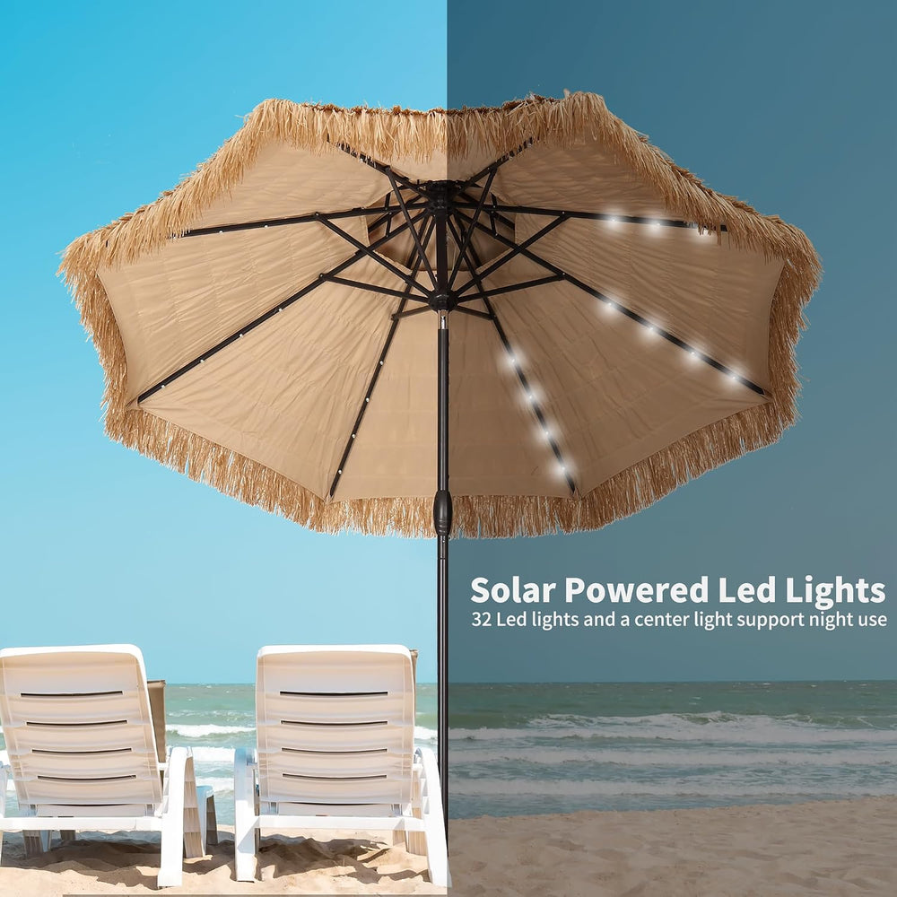 GDY 9 ft 2-Tier Solar Tiki Umbrella, 32 LED Ligths Hula Thatched Tiki Umbrell...