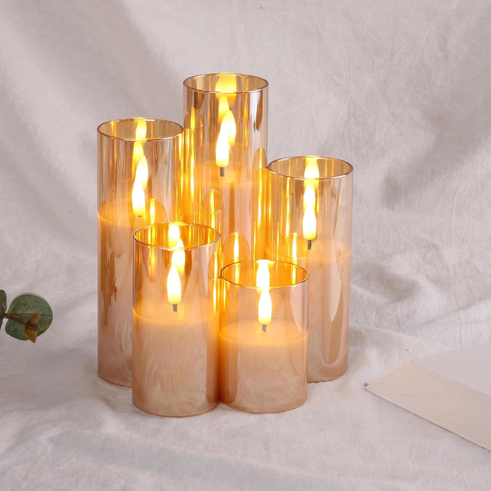 Eywamage Amber Gold Glass Flameless Pillar Candles with Remote Set of 5