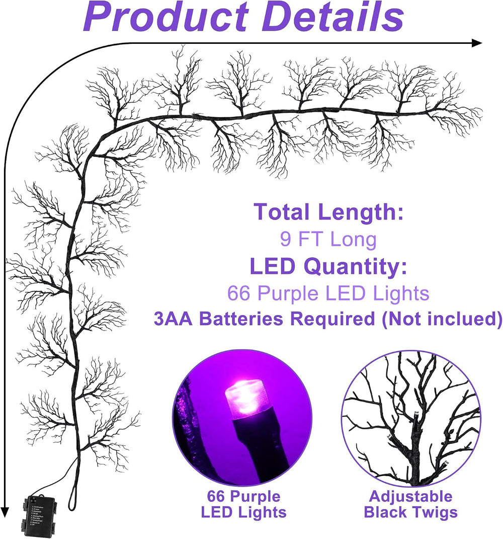 9 Ft 66 LED Willow Vine Twig Decor Black Halloween Garland with Purple Lights...