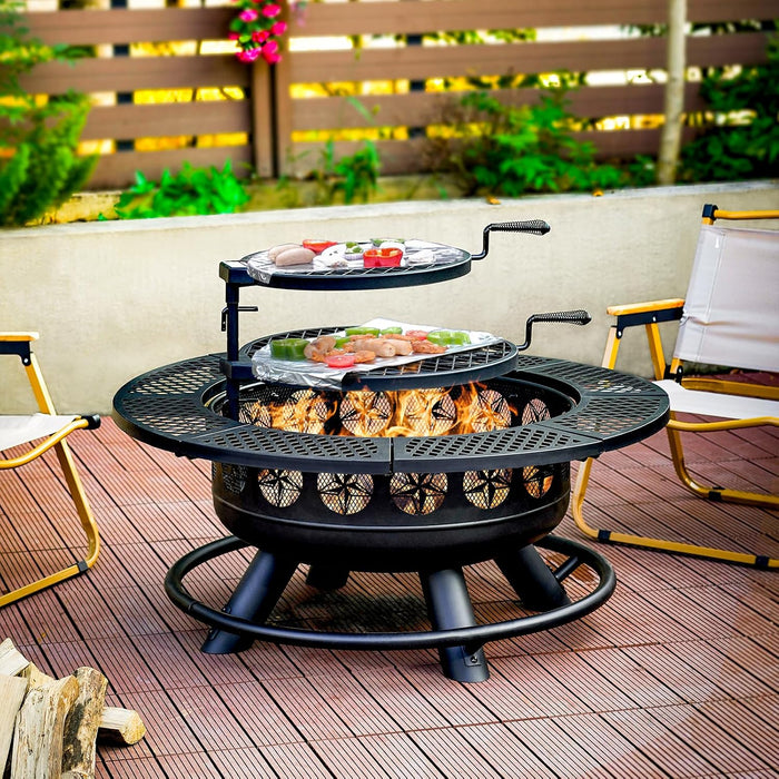 36 Inch Fire Pit with 2 Cooking Grills Outdoor Wood Burning BBQ Firepit