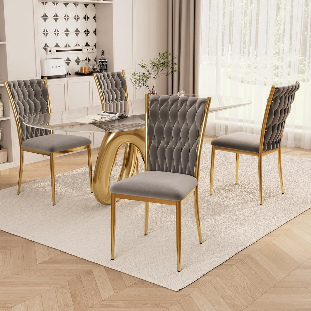 Modern Grey Velvet Dining Chairs Set of 4 with Woven High Back