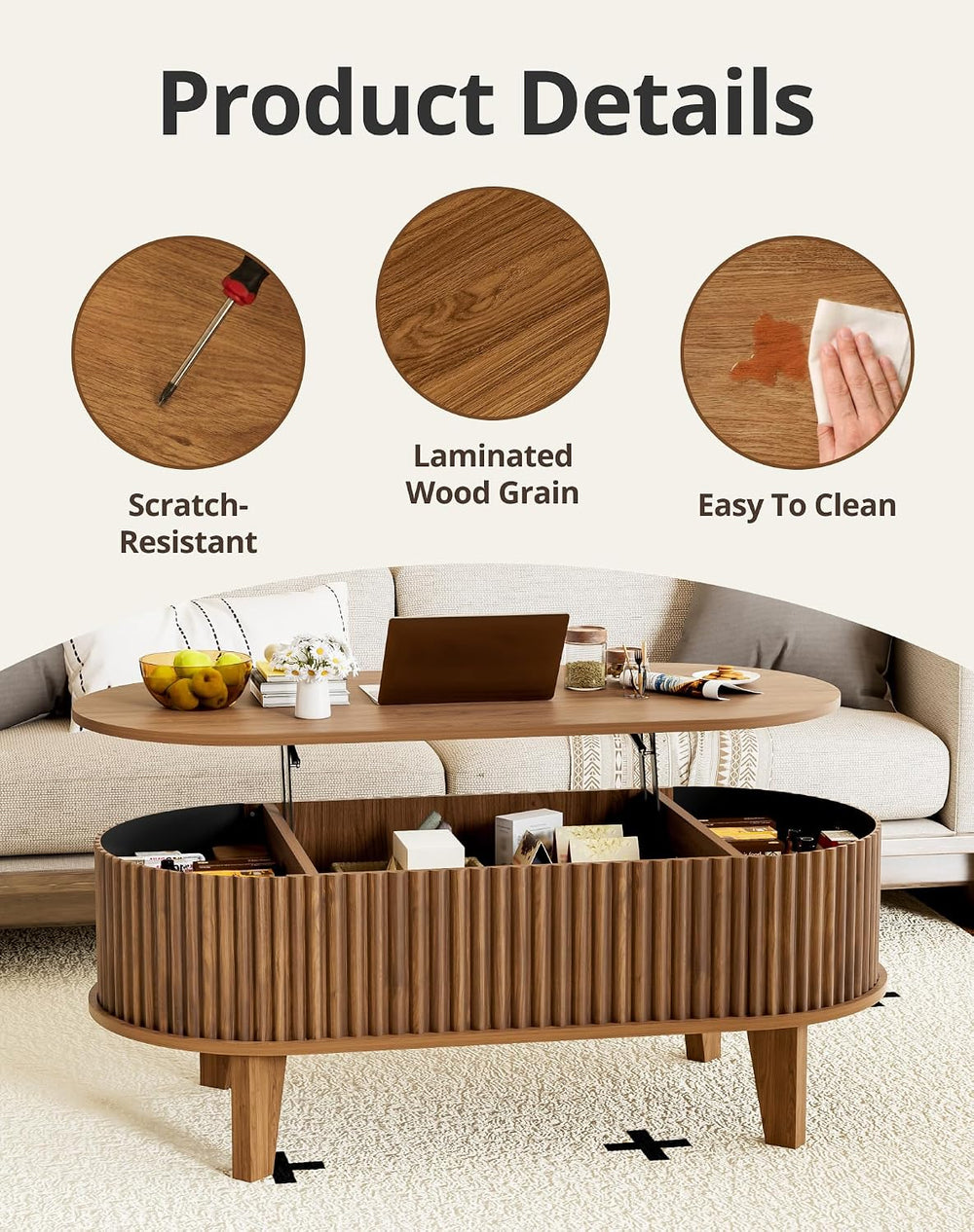 Oval Lift Top Coffee Table with Storage, 41" Wood Fluted Modern Living R...