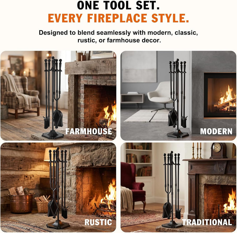 Gtongoko 5-Piece Fireplace Tools Set with Stand, Solid Steel, Black