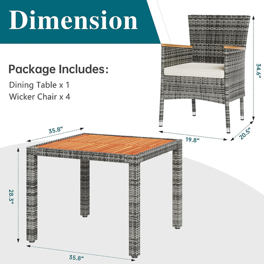 Shintenchi 5 Piece Patio Dining Set, Wicker Patio Conversation Set with Woode...