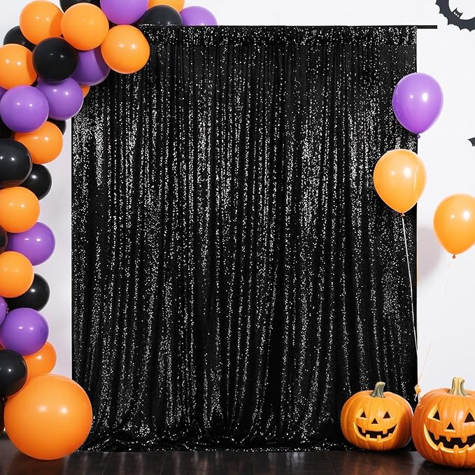Eternal Beauty Black Sequin Backdrop, 7x7 Ft Halloween Glitter Background Cur...