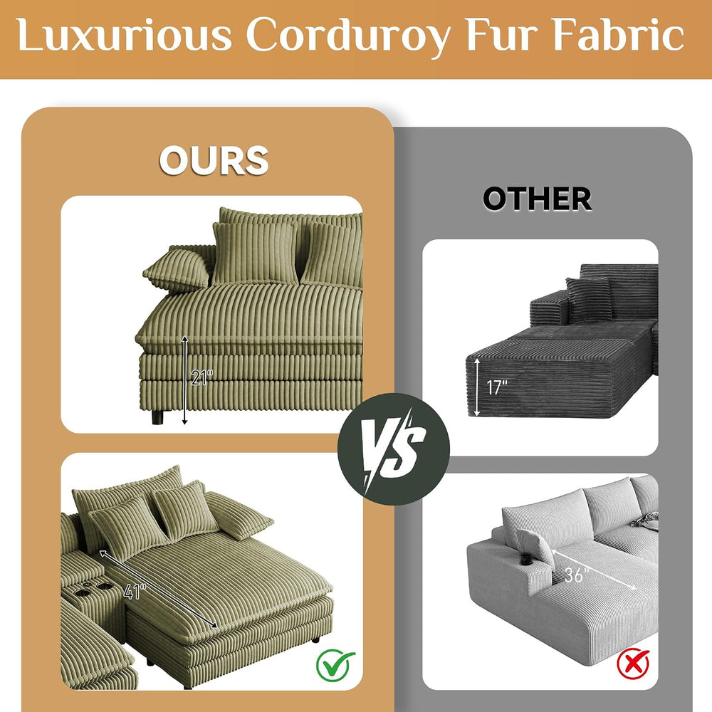 114" Oversized Double Chaise Lounge, Corduroy Sofa Bed with Storage,Green