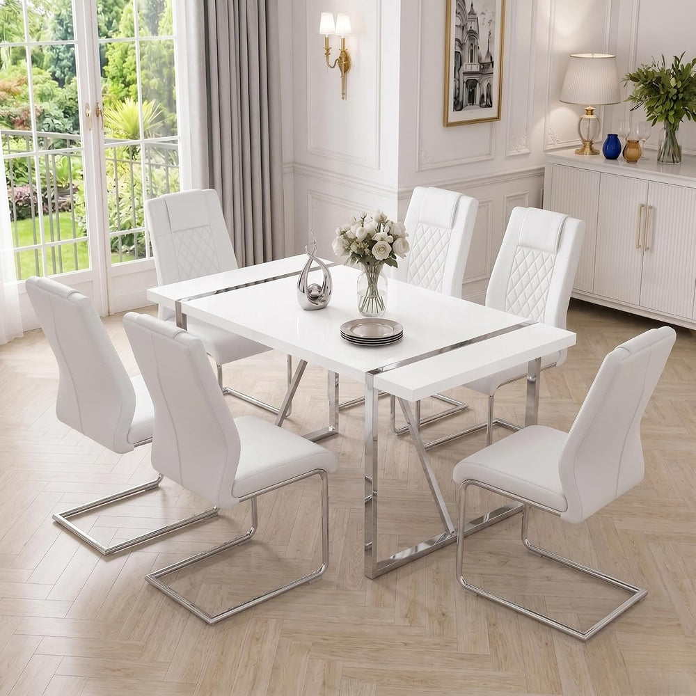 55‘’ White Dining Table Set for 6, Dining Tabletop and Silver Metal Frame, Re...