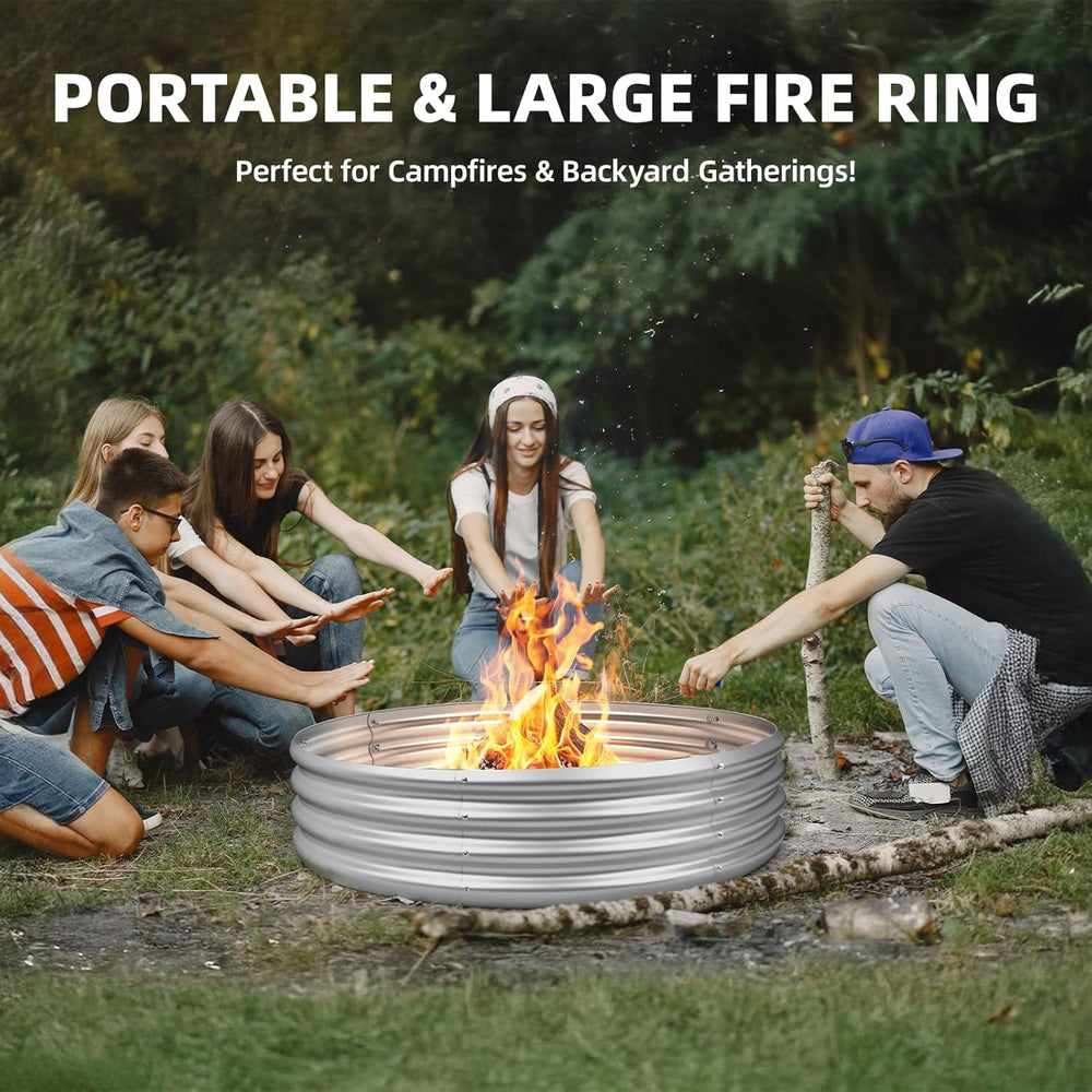 48 Inch Outdoor Fire Pit Ring, Wood Burning Large Metal Fireplace, Silver