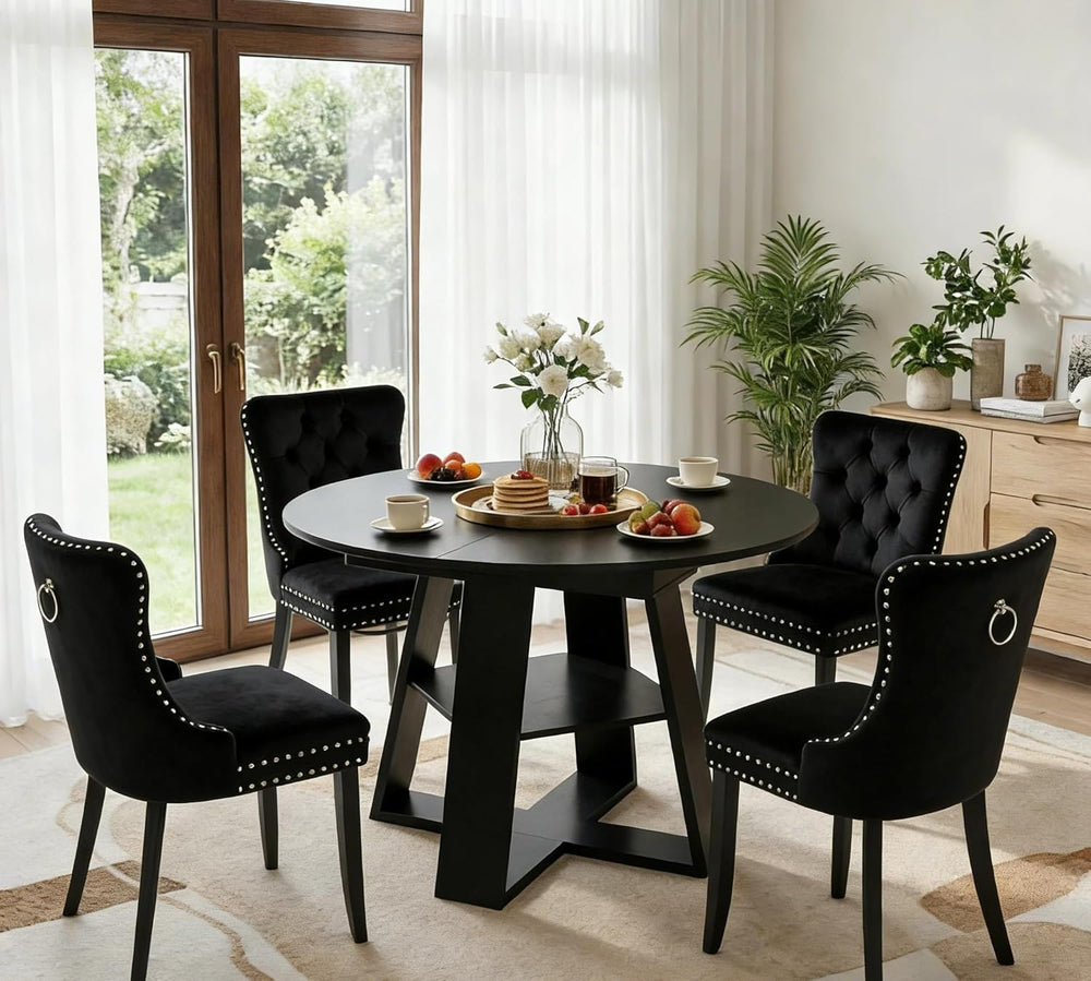 5 Piece Round Extendable Dining Table Set for 4, 43"-59" Black Wood...