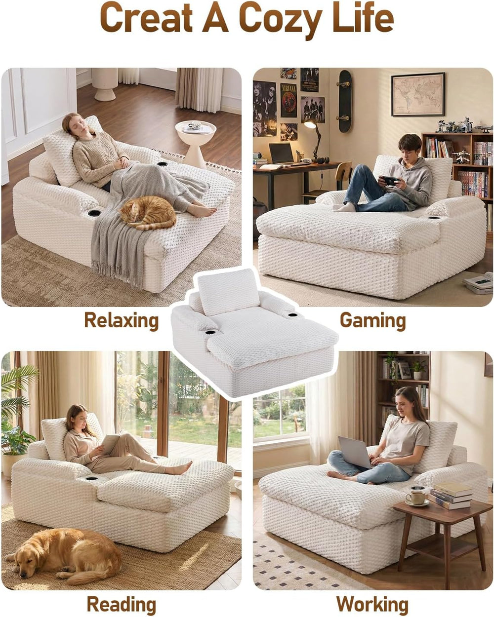 Karl home 59.8" Chaise Lounge Chair Indoor,20.1" Deep Seat, White