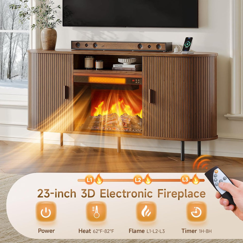 ComfyCorner 63" Fluted Fireplace TV Stand with Sliding Doors & Power...
