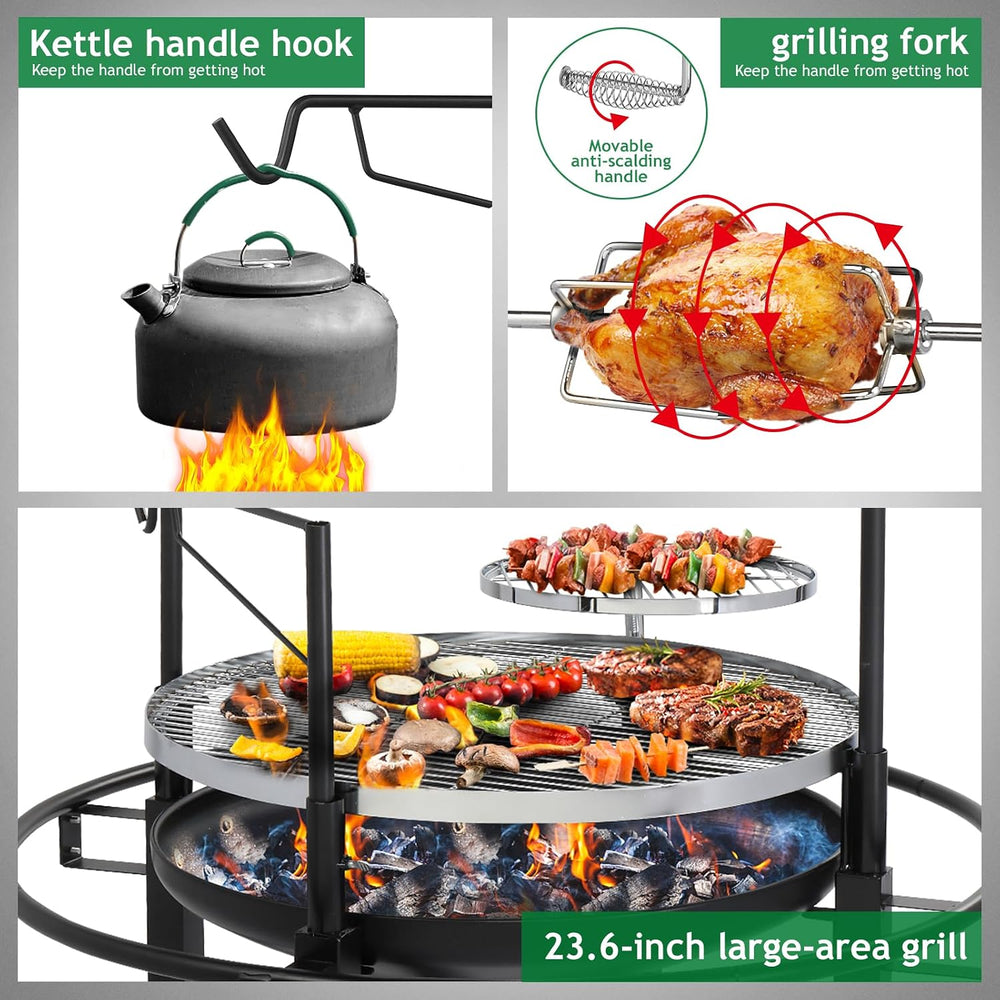 VINGLI 33 Inch Outdoor Fire Pit with 2 Grills, Wood Burning Firepit with Swiv...