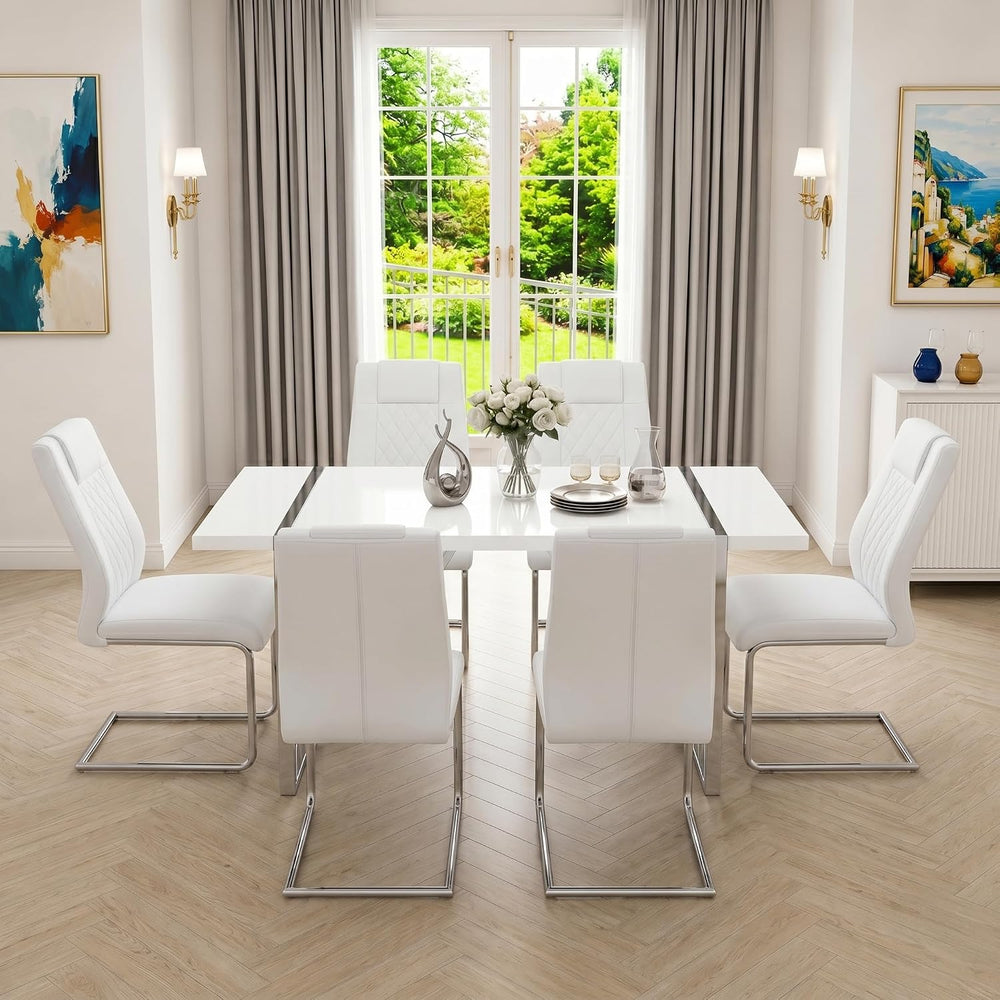 55‘’ White Dining Table Set for 6, Dining Tabletop and Silver Metal Frame, Re...
