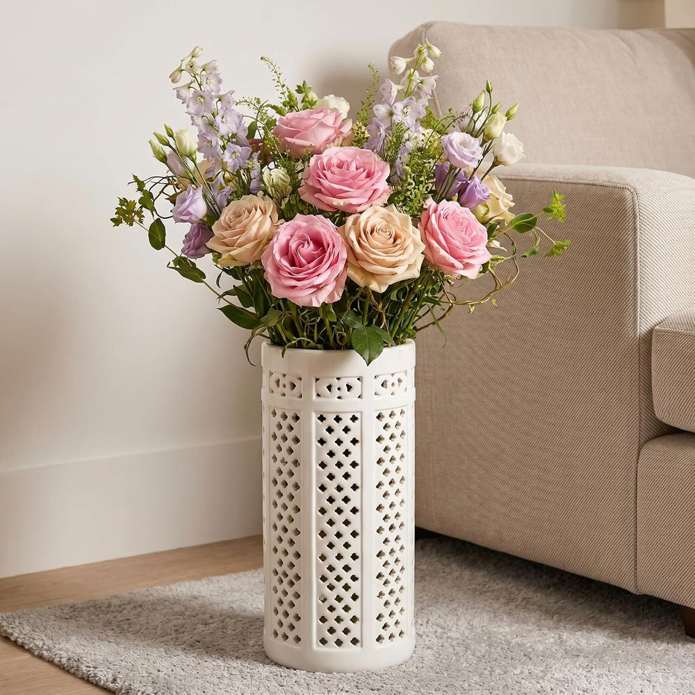 Sawysine White Ceramic Umbrella Stand with Hollow-out Design Heavy Porcelain ...