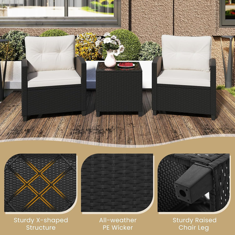 ORALNER 3 Pieces Patio Furniture Set, Black Wicker Bistro Set (White)