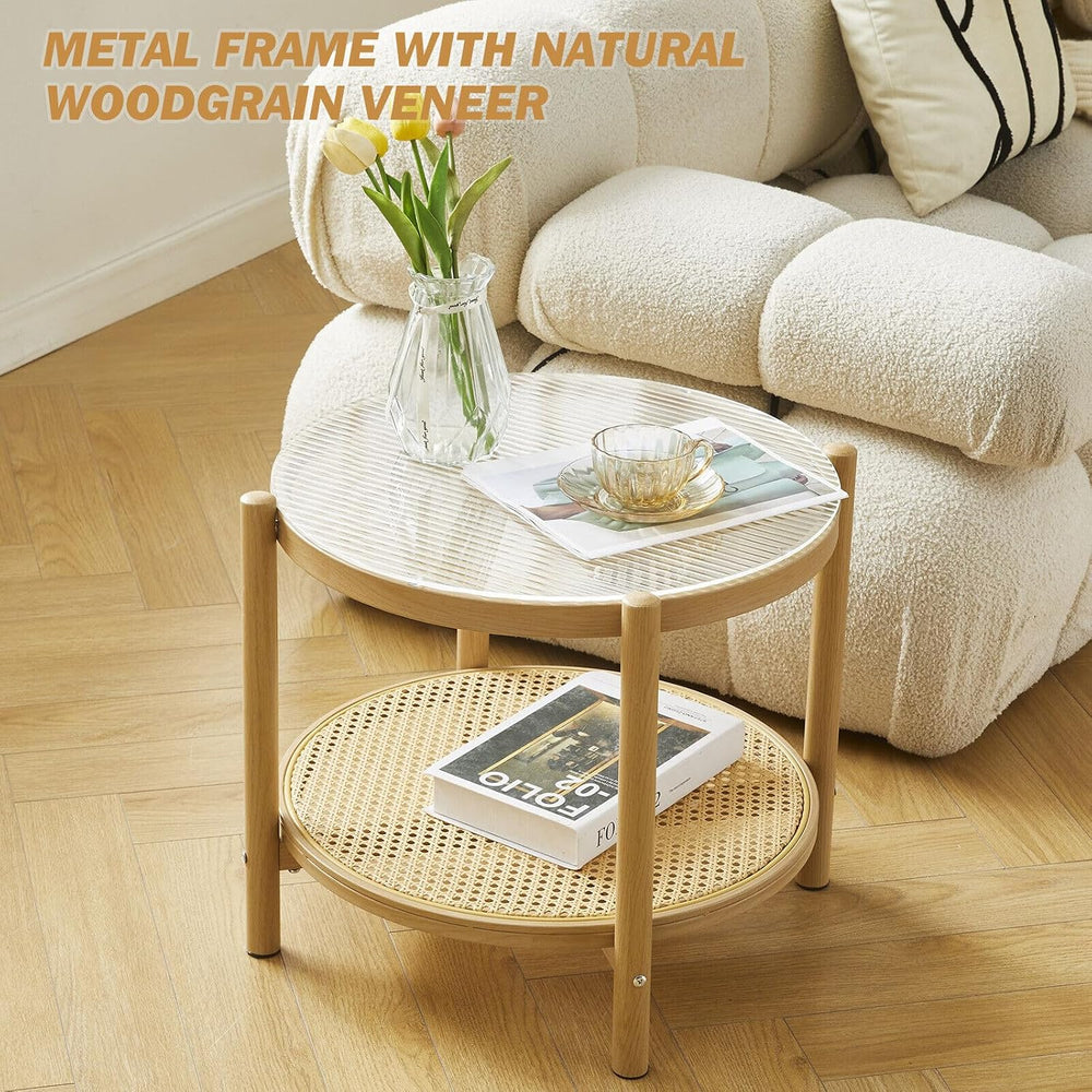 19.6" Boho Rattan Coffee Table, Round Tempered Glass Metal End Table