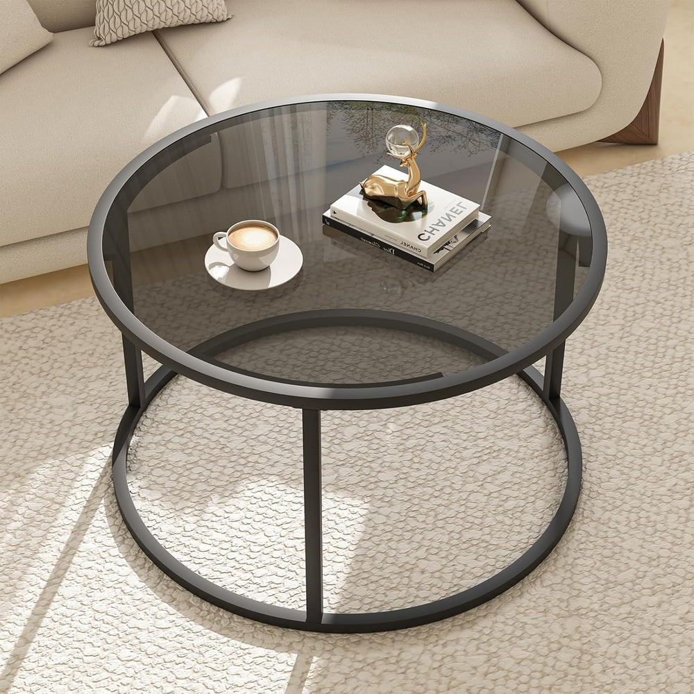 Glass Coffee Table Modern Center Table,Minimalist Round Coffee Tea Table,Temp...