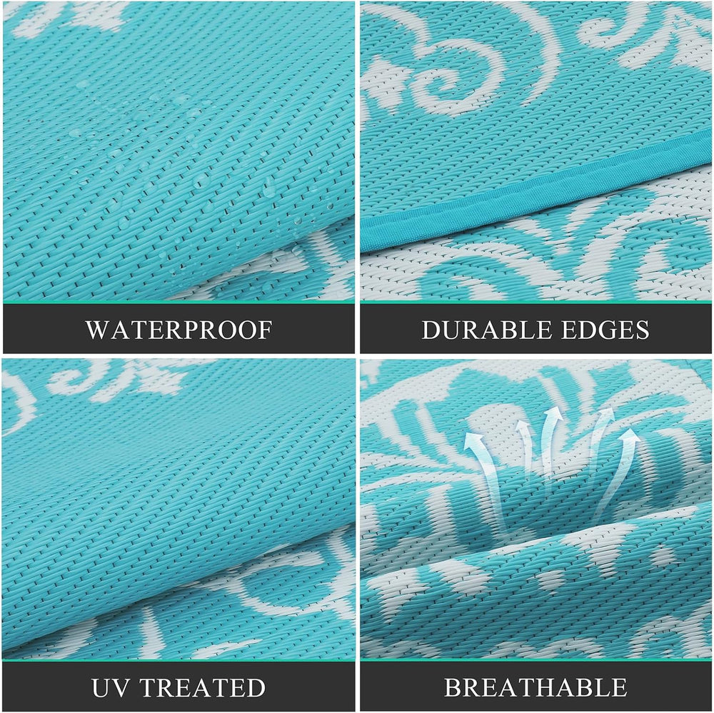 Pauwer Outdoor Rug 9x12, Waterproof Plastic Straw Camping Rug, Floral Teal