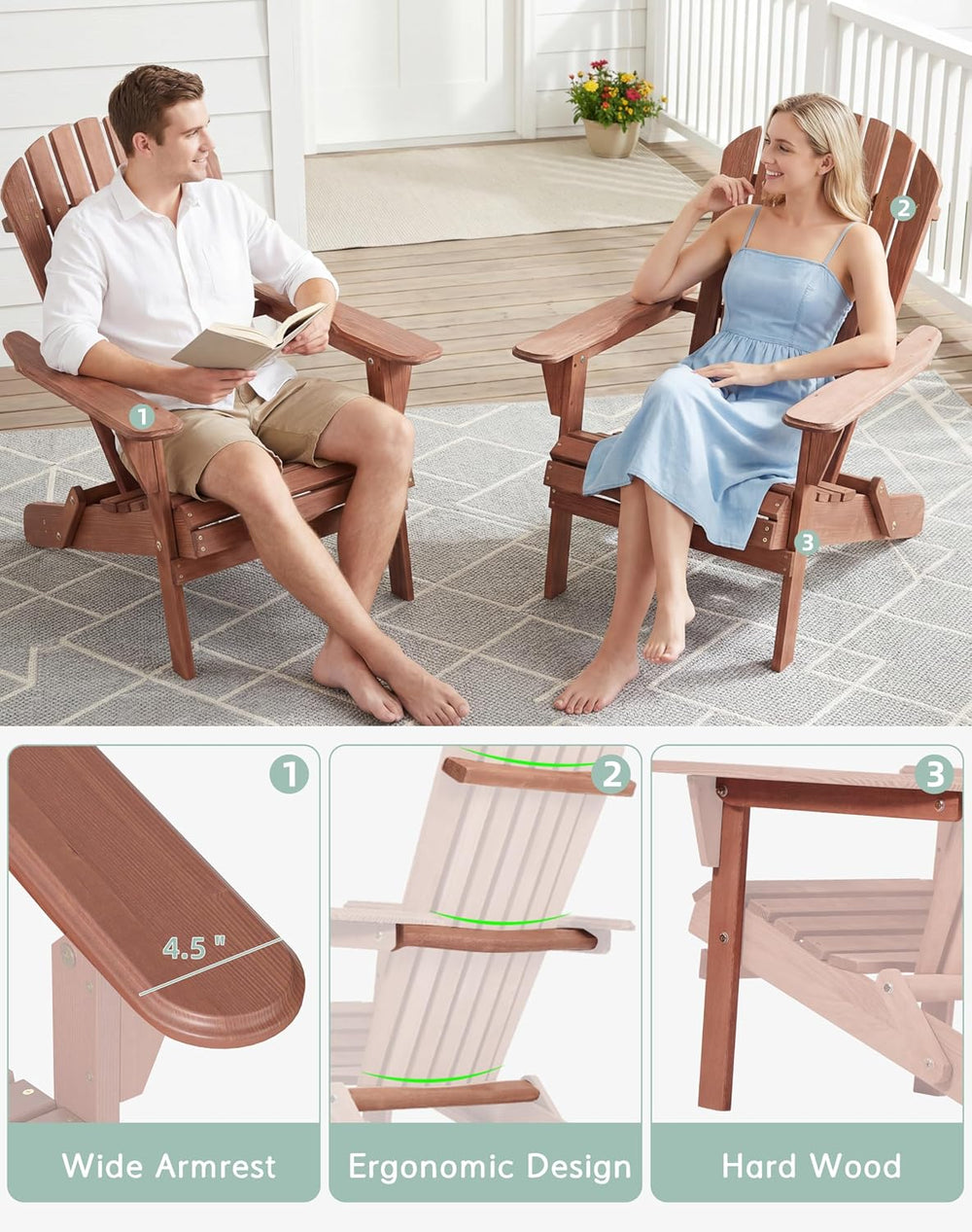 Wooden Folding Adirondack Chair Set of 2, Half Pre-Assembled Wood Lounge Chai...
