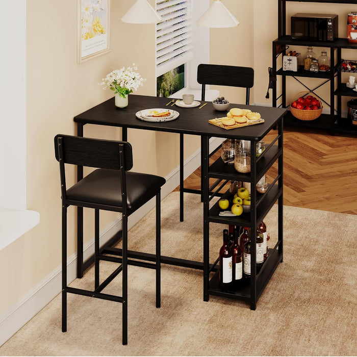 Bar Table and Chair Set with 3 Shelves, 2 Upholstered Stools, Black