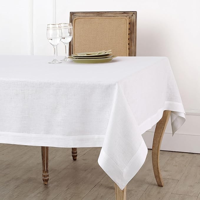 Solino Home Linen White Tablecloth 60 x 132 Inch - 100% Pure Linen Rectangula...