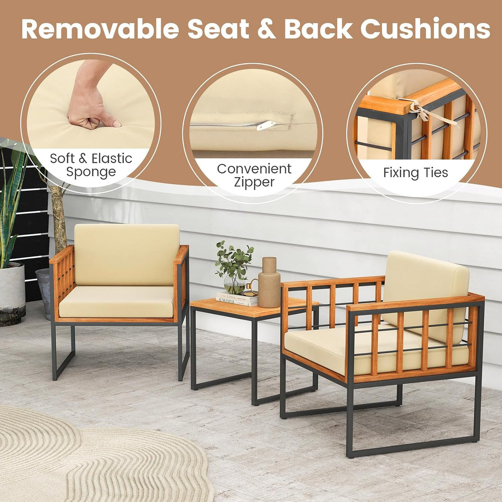 Tangkula 3 Pieces Patio Chair Set, Acacia Wood Outdoor Sofa Set with Metal Su...