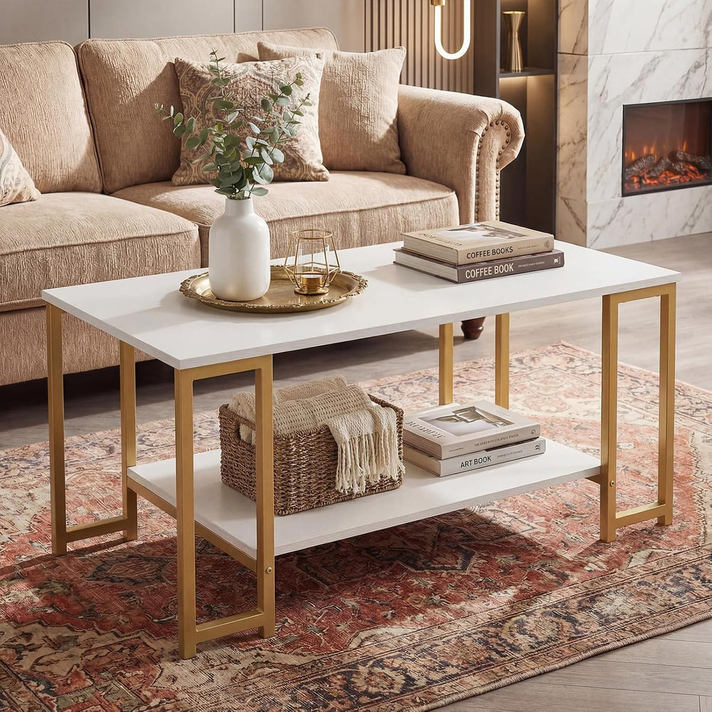GIANTEX 2-Tier Coffee Table with Storage, 39.5" Center Table, Gold &...