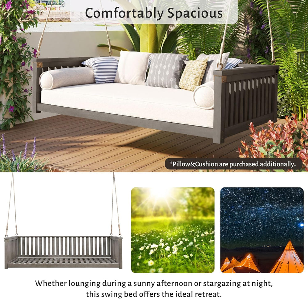 Patio Minimalist Acacia Wood Porch Swing with Hemp Rope, Twin Size Garden Swi...