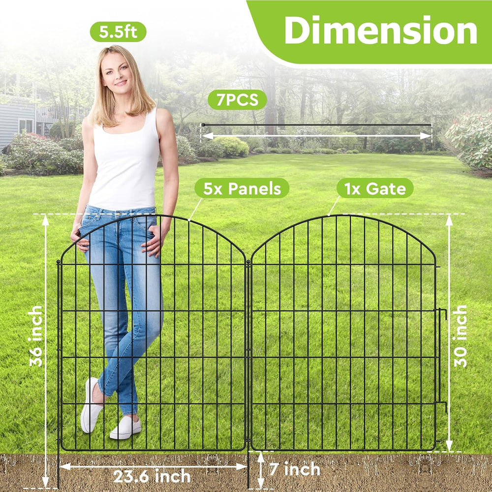 Garden No Dig Fence, 5 Panels + 1 Gate, 29.9in (H) x 11.4ft (L), Metal