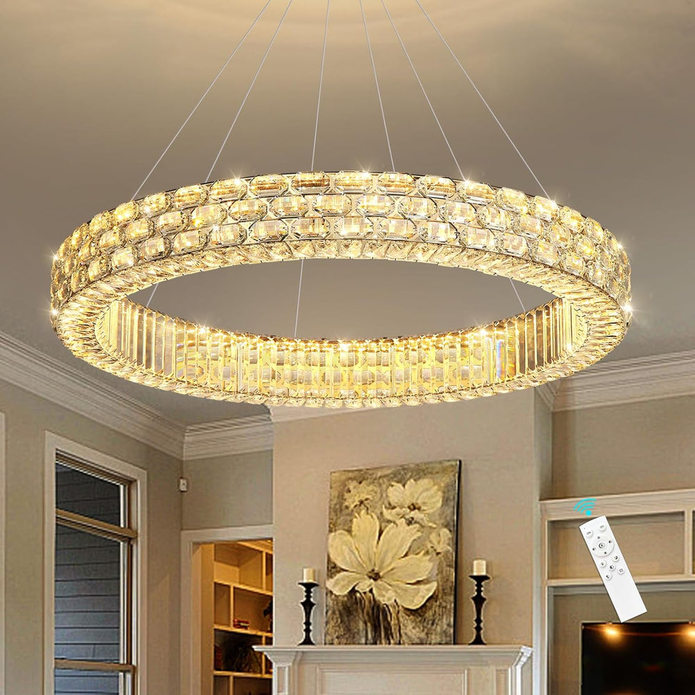Modern Crystal Chandelier for Living Room Dimmable LED Pendant Light Round Ha...