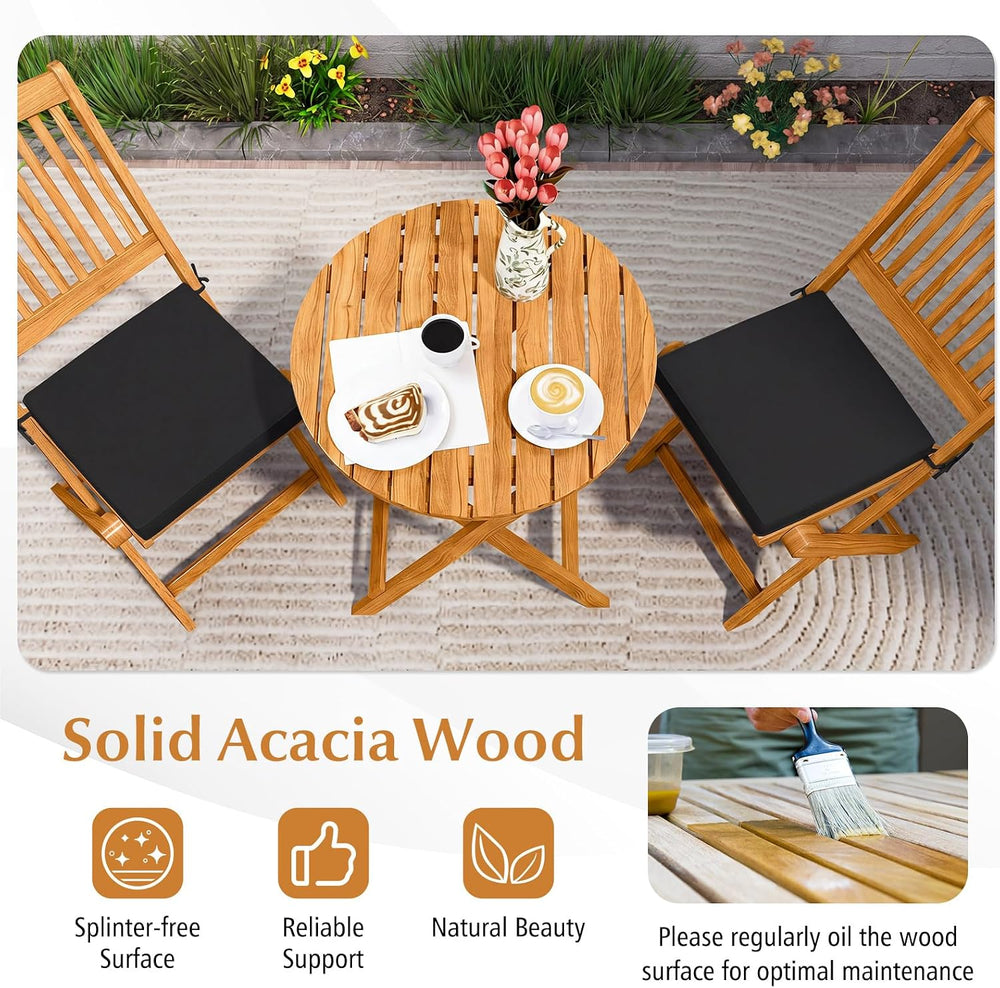 Tangkula 3 Piece Patio Folding Bistro Set, Outdoor Acacia Wood Chair and Tabl...