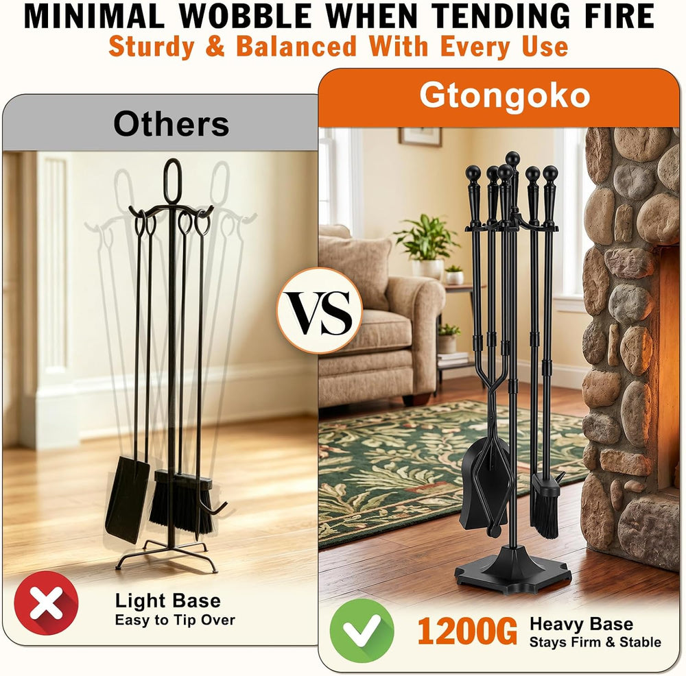 Gtongoko 5-Piece Fireplace Tools Set with Stand, Solid Steel, Black