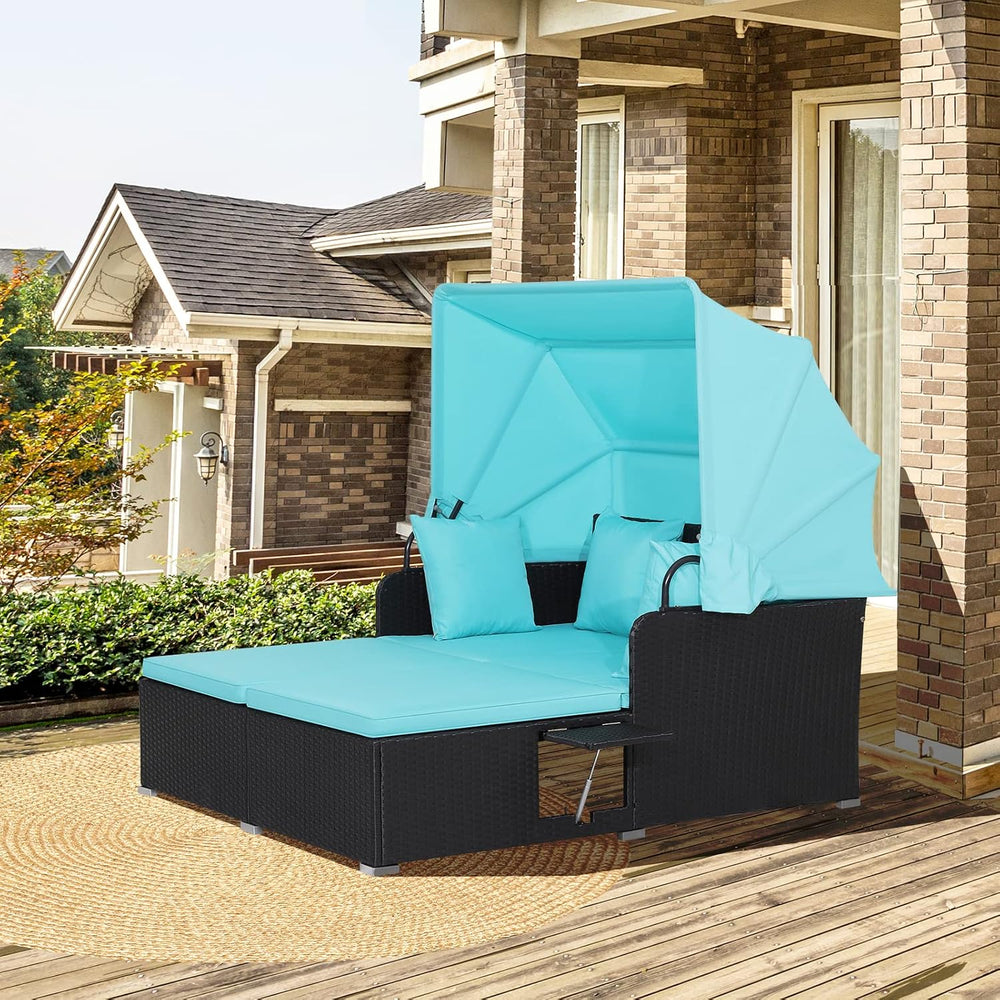 ORALNER Outdoor Daybed, 2-Person Wicker Patio Sofa with Retractable Canopy, C...