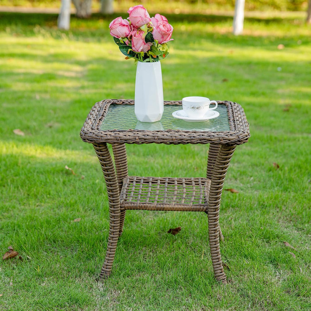 VIVIJASON Outdoor Wicker Side Table, All-Weather Rattan Patio Side Table Bist...