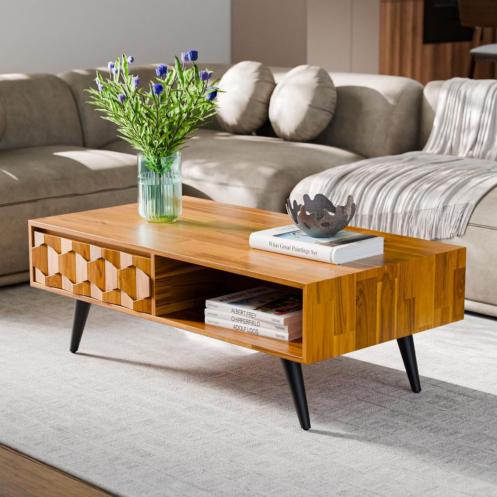 Bme Georgina Solid Wood Coffee Table, 2 Drawers & Open Shelves, Teak Brown