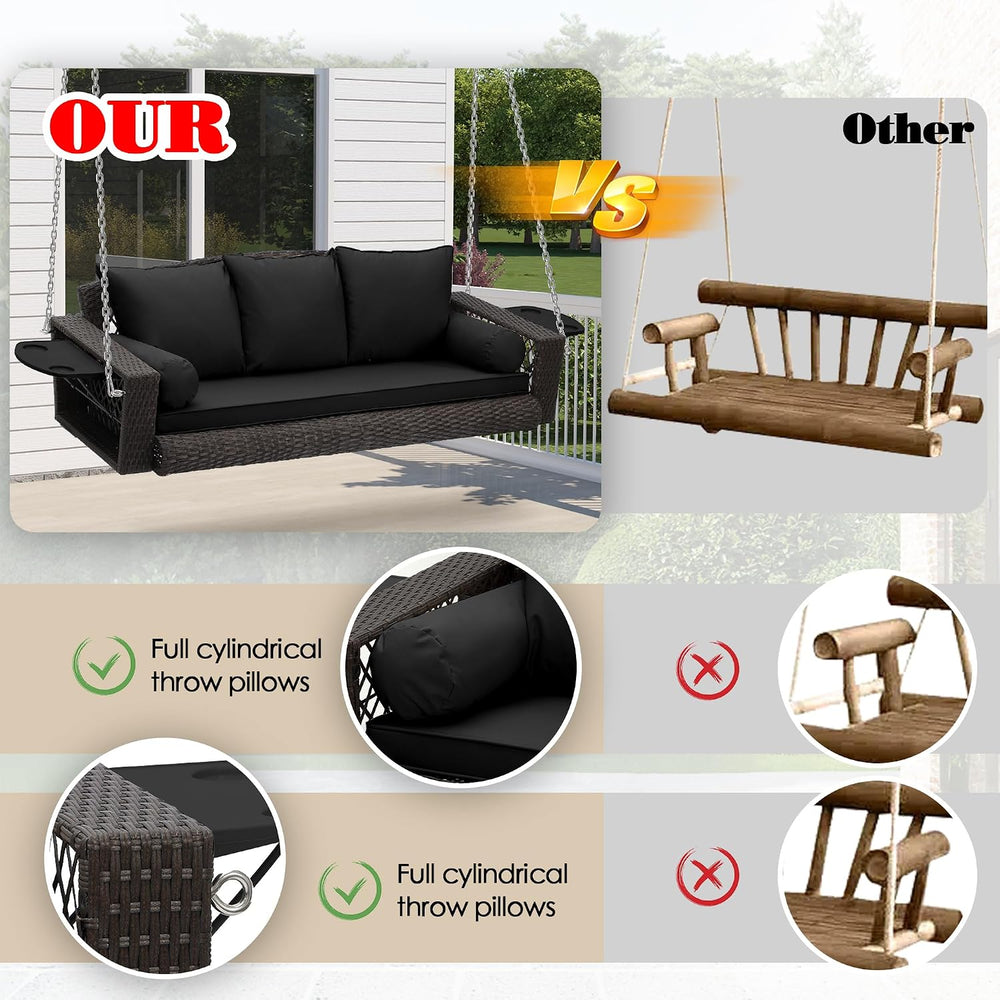 3-Person Hanging Porch Swing, Outdoor Wicker Swing Chair, 76 Inch Bench with ...