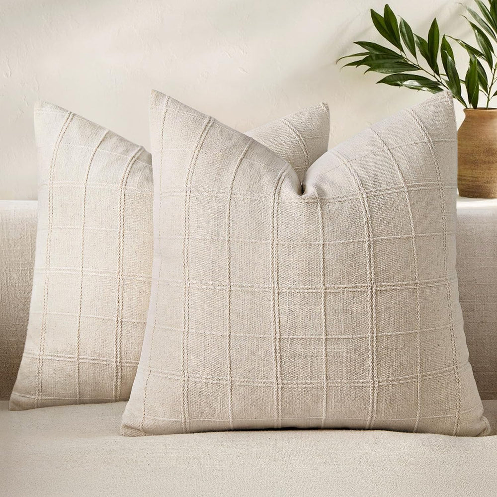 Set of 2 Linen Plaid Throw Pillow Covers 22x22 Inch, Beige