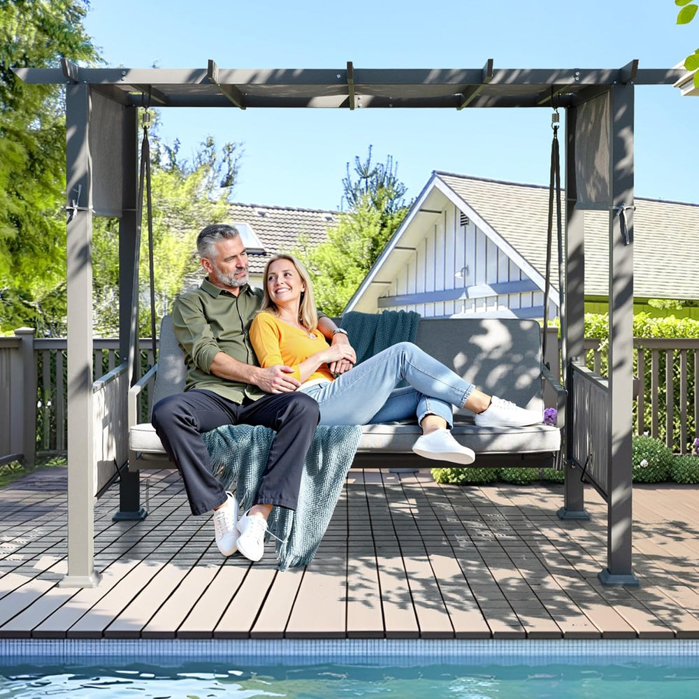 Pamapic 3-Seat Porch Swing with Stand, 990 LBS 2 in 1 Convertible Bed Patio S...