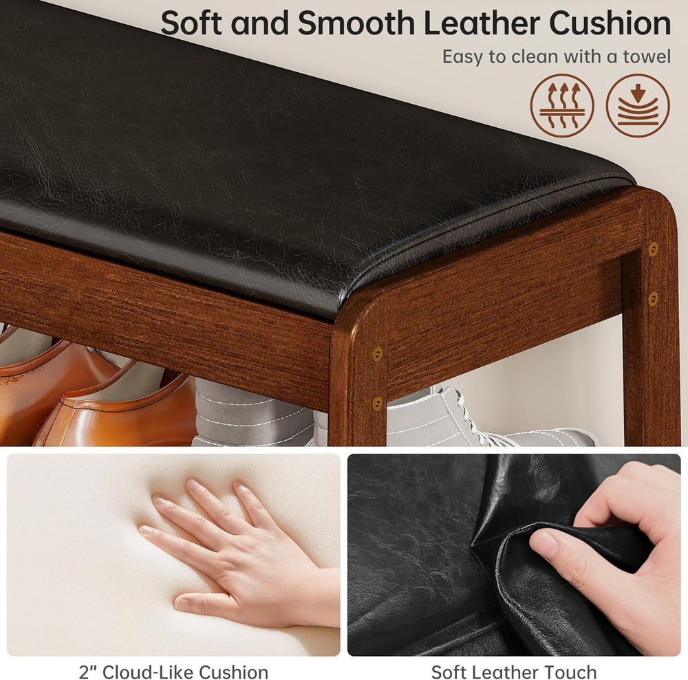Shoe Rack Bench with Flip-Top Storage, Solid Rubberwood 2-Tier Shoe Organizer...