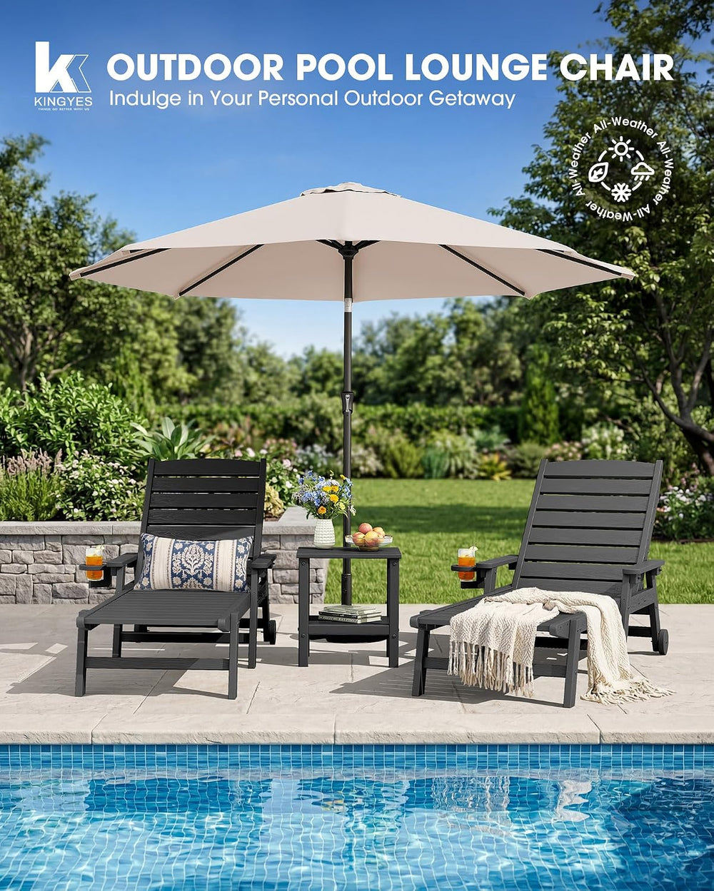 KINGYES HDPE Lounge Chair Outdoor Set of 2, All Weather Pool Lounger