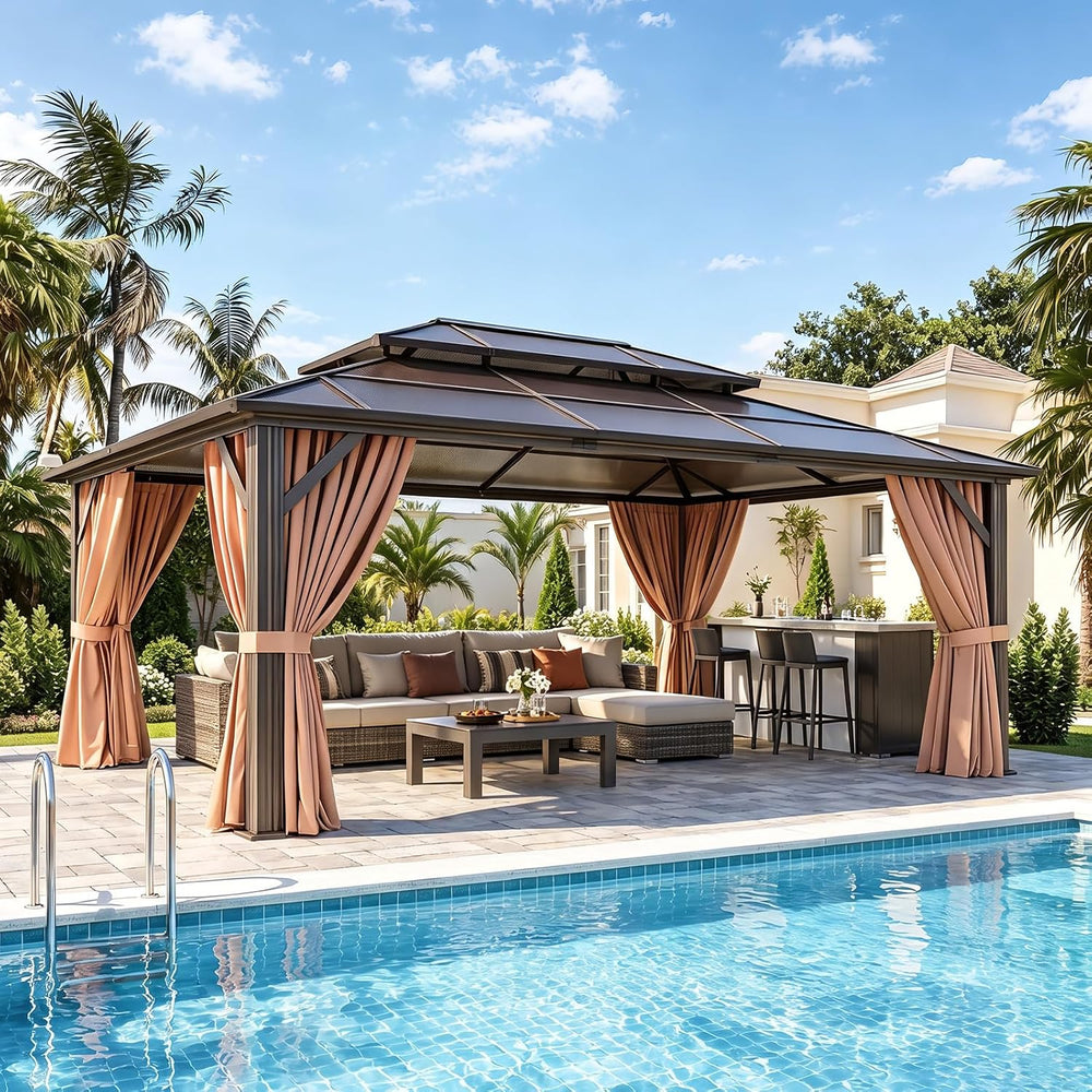 Aoxun 12'x16' Outdoor Gazebo with Double Polycarbonate Roof Brown