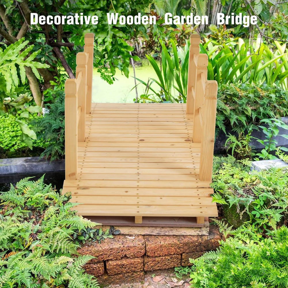 GIANTEX 5 ft Garden Bridge - Natural Wood Arc Footbridge Walkway with Side Ra...