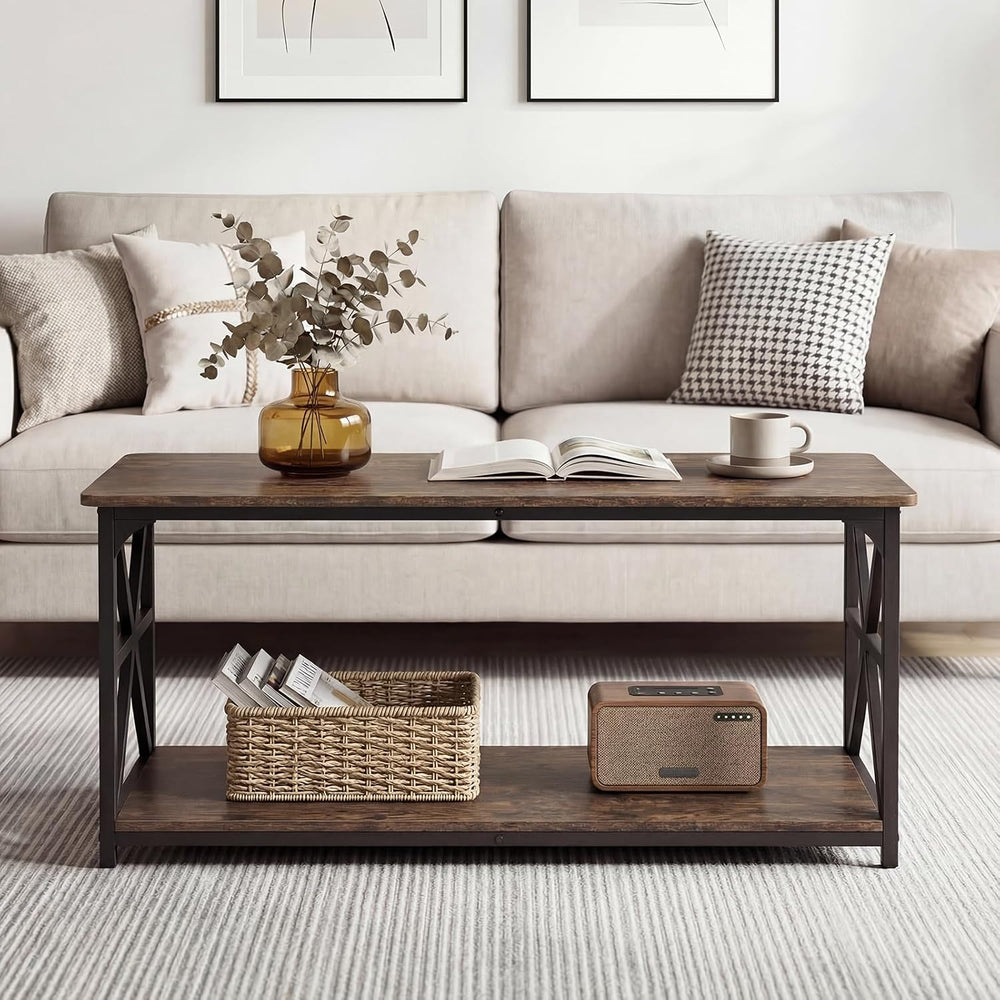GIANTEX Farmhouse Coffee Table, 43" Center Table with Storage, Rustic Brown