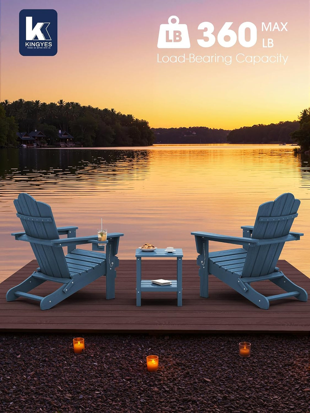 KINGYES Folding Adirondack Chair, All-Weather HDPE Material, Navy, 2 Pack