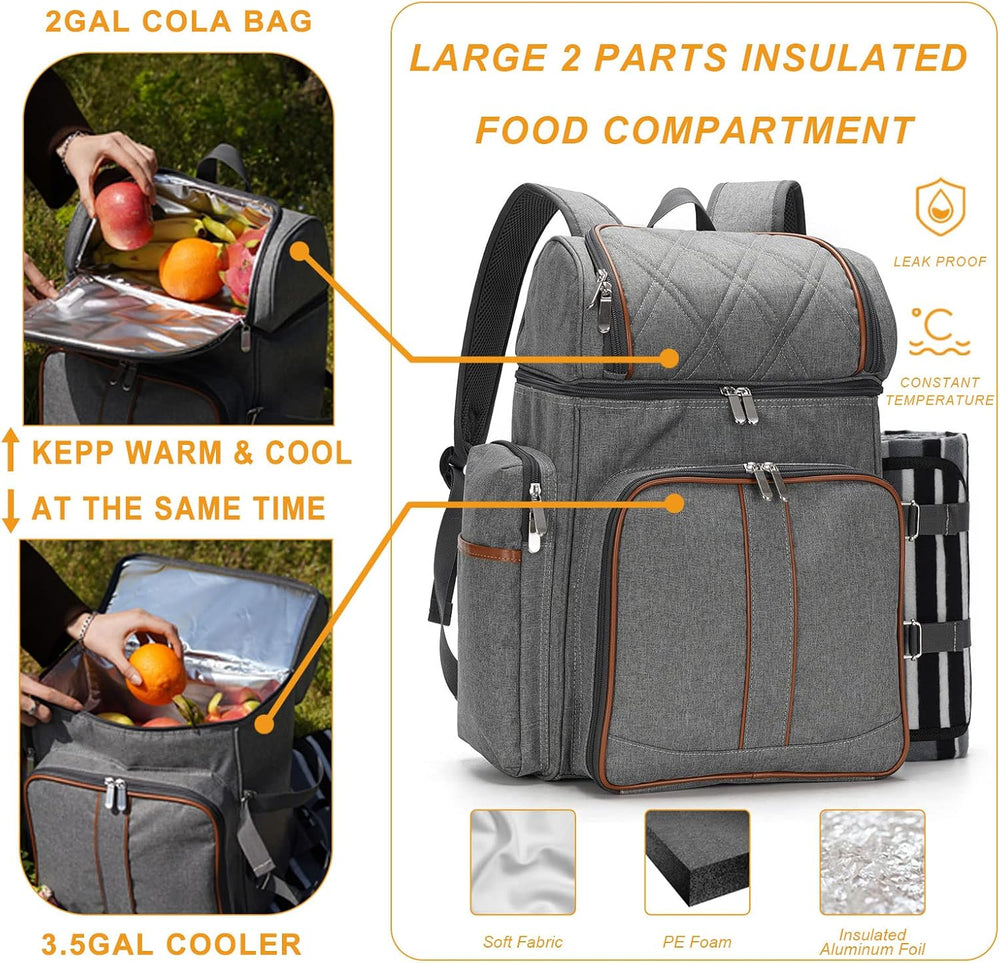 Picnic Backpack for 4, Insulated Cooler Bag with Blanket, Grey