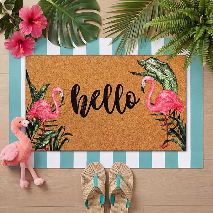 Tinideya 2 Pcs Summer Door Mat Flamingo Welcome Non Slip Coir Hello Mats Floo...