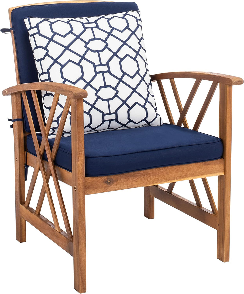 SAFAVIEH Outdoor Collection Fontana Natural/ Navy Blue Cushions/ Geometric Pa...